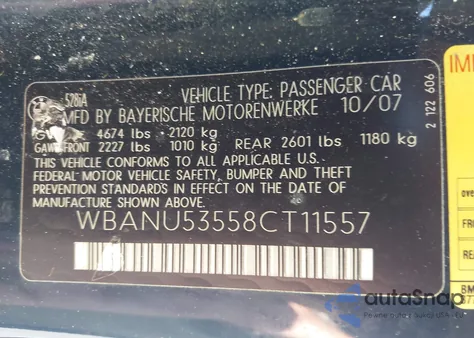 2008 BMW 528I z USA, uszkodzony, nr VIN WBANU53558CT11557